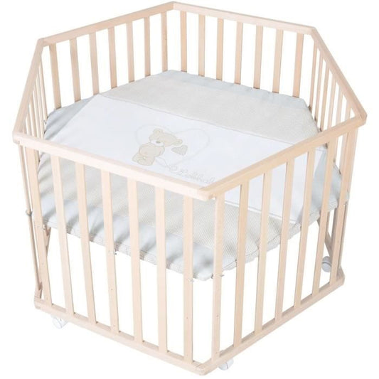 Hegaxonal Baby Playpen - ROBA - LIEBHABEAR - Height Adjustable - Removable Base - 6 Braked Wheels - Natural Wood - Teddy Bear Pattern