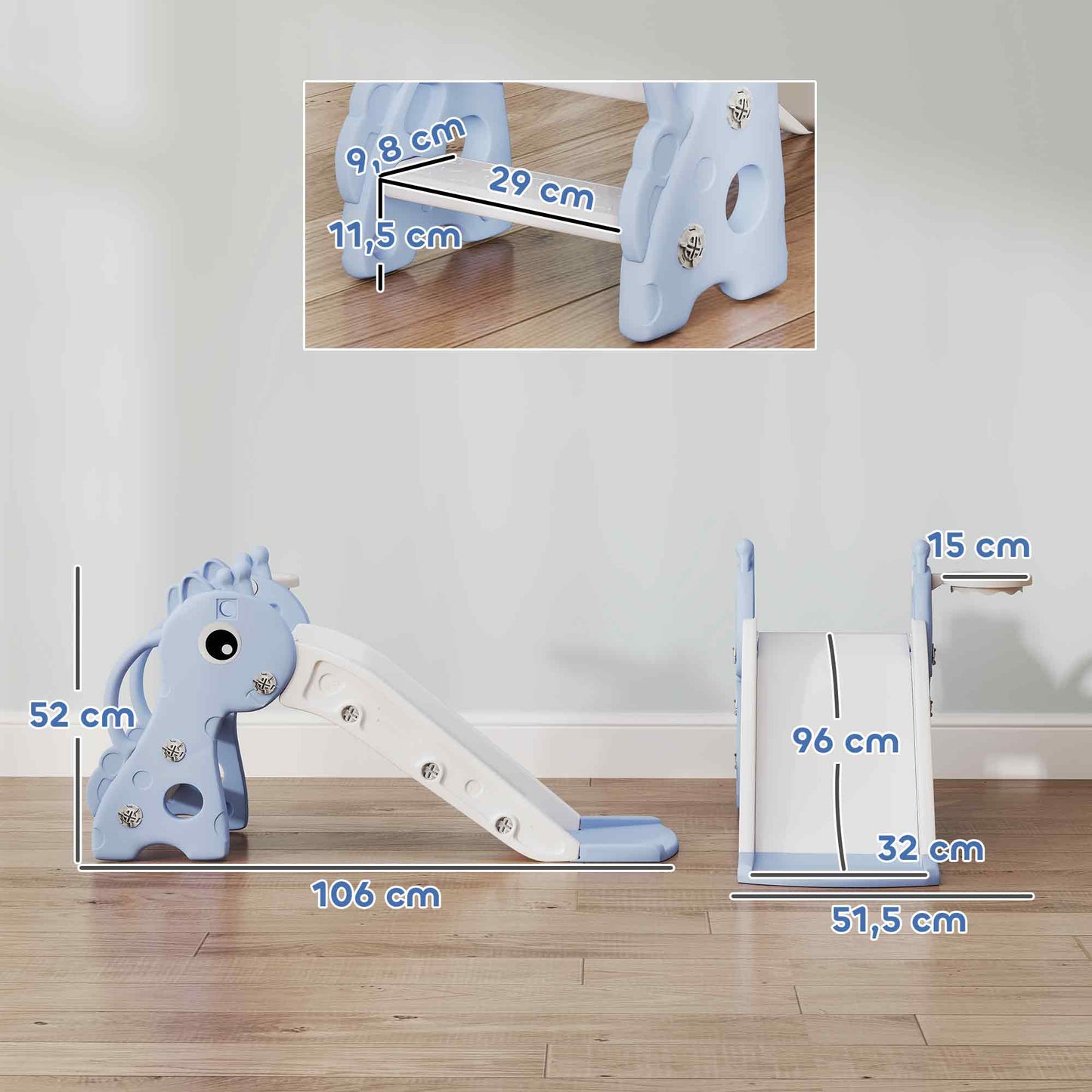 AIYAPLAY 3-in-1 Rutsche für Kinder, Giraffenform, Basketballkorb, Ball, Blau