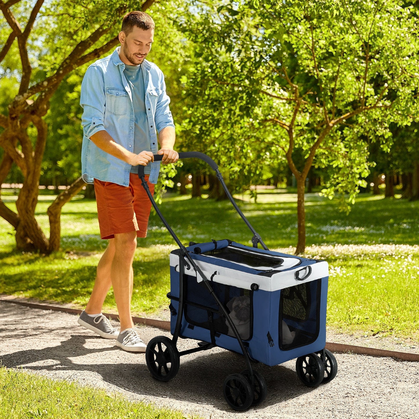 PawHut Hundbuggy Haustierbuggy Haustiertransporter bis 10kg klappbar verstellbare Trageriemen abnehmbarer Korb 81 x 58 x 97,5 cm Schwarz + Blau + Weiß