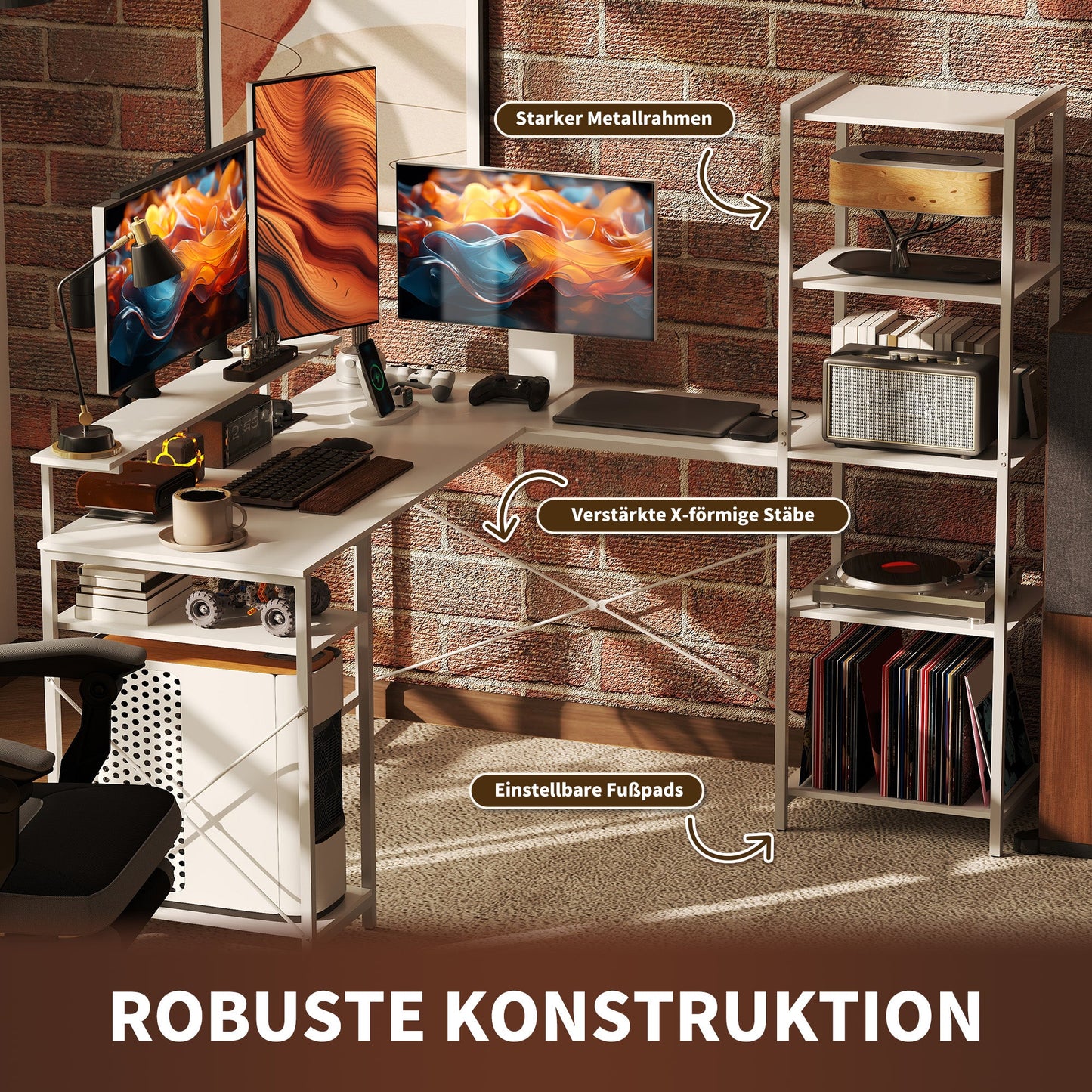 HOMCOM L-förmiger Schreibtisch mit Ladestation, Eck-Computertisch mit Monitorständer und Regalen, für Homeoffice, Büro, Weiß