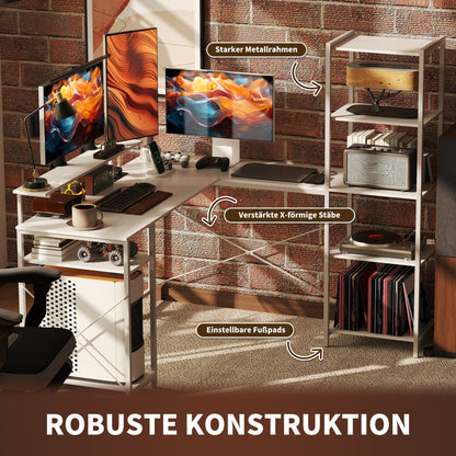 HOMCOM L-förmiger Schreibtisch mit Ladestation, Eck-Computertisch mit Monitorständer und Regalen, für Homeoffice, Büro, Weiß