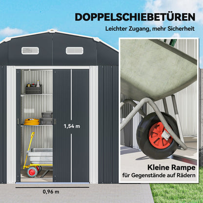 Outsunny Gartenhaus Geräteschuppen Gartenschuppen, wetterbeständig, 2 Fenster, 2 Türen, 238 x 132 x 198,5 cm, Dunkelgrau