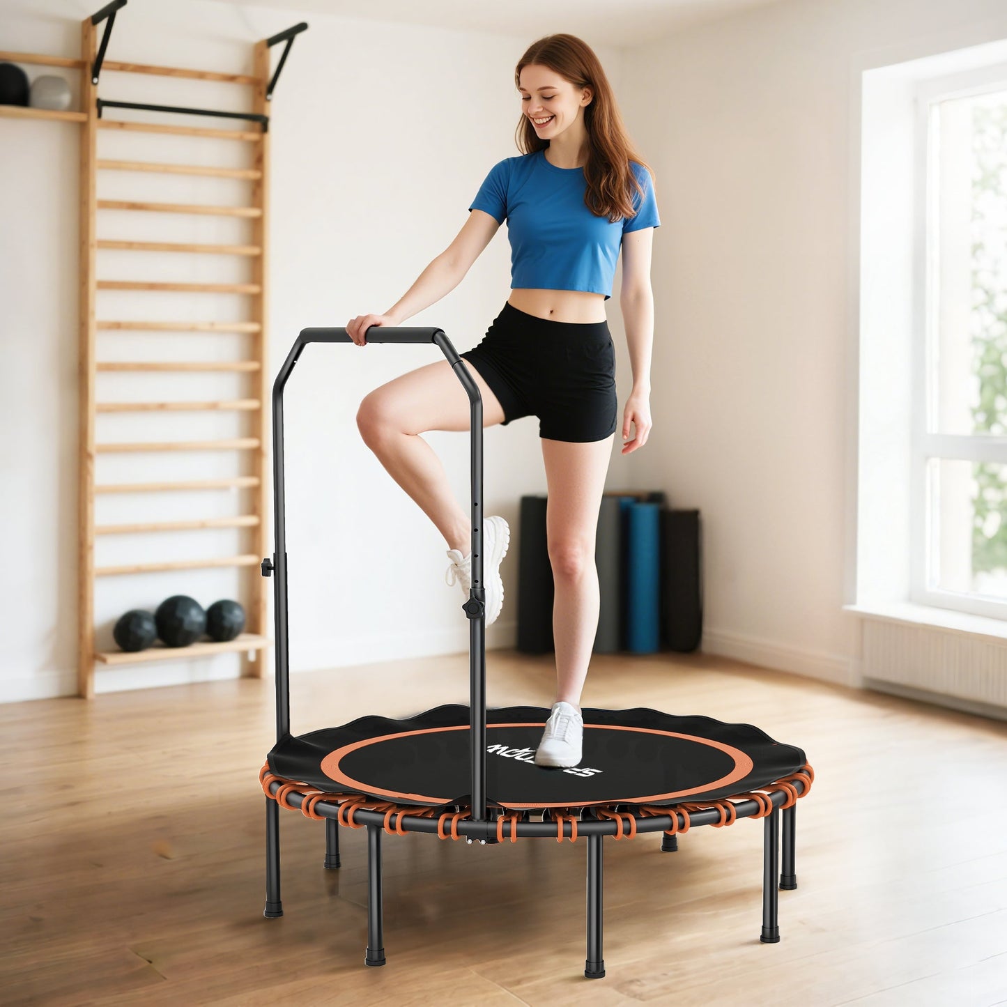 SPORTNOW Fitness-Trampolin mit verstellbarem Handlauf, Sport-Trampolin für drinnen und draußen, Stahl, Kunststoff, Orange