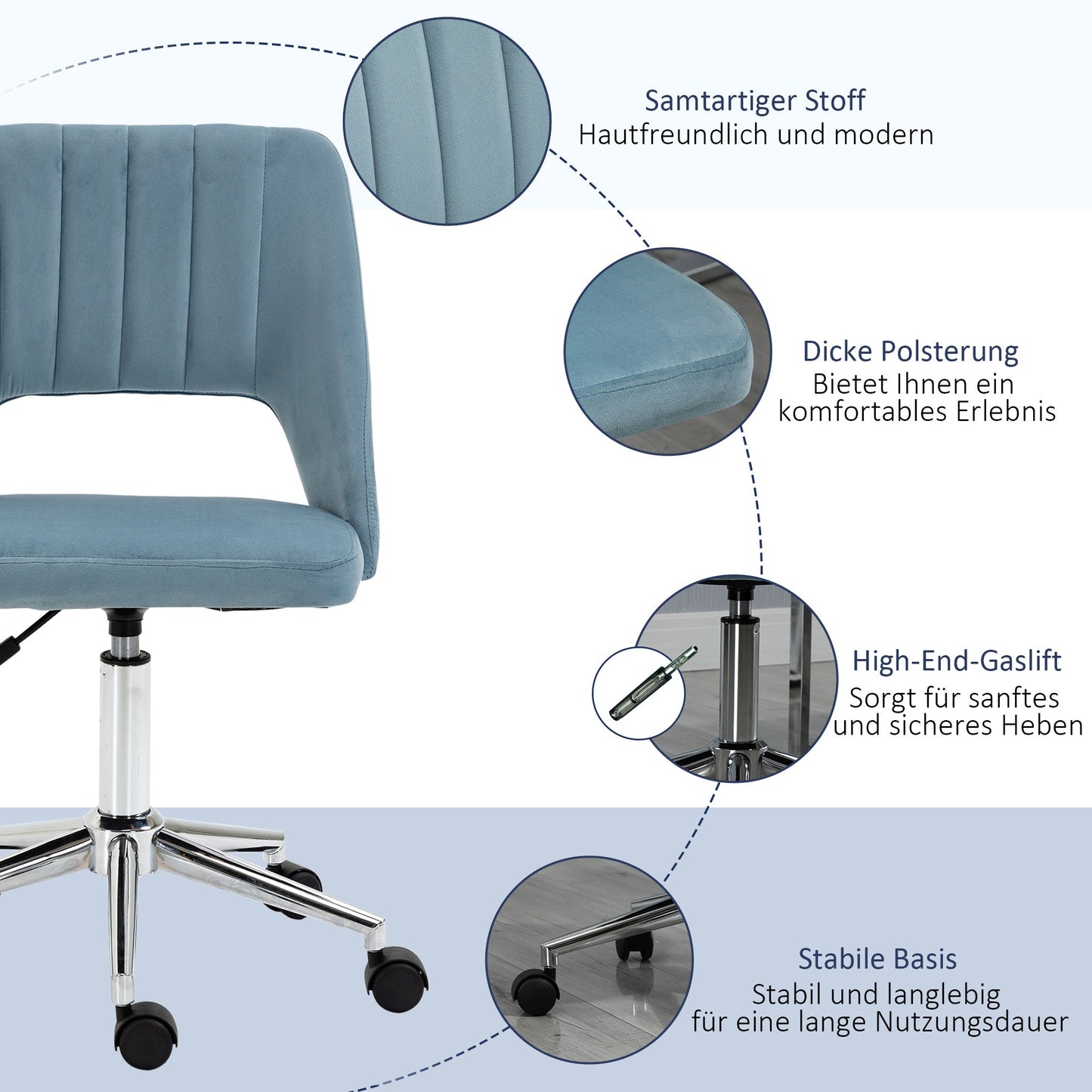 Vinsetto Schreibtischstuhl, Höhenverstellbar Homeoffice Stuhl ohne Armlehne, drehbar Bürostuhl mit Samtoptik, Ergonomisch Schminkstuhl für Schlafzimmer, Arbeitszimmer, Blau