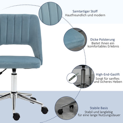 Vinsetto Schreibtischstuhl, Höhenverstellbar Homeoffice Stuhl ohne Armlehne, drehbar Bürostuhl mit Samtoptik, Ergonomisch Schminkstuhl für Schlafzimmer, Arbeitszimmer, Blau