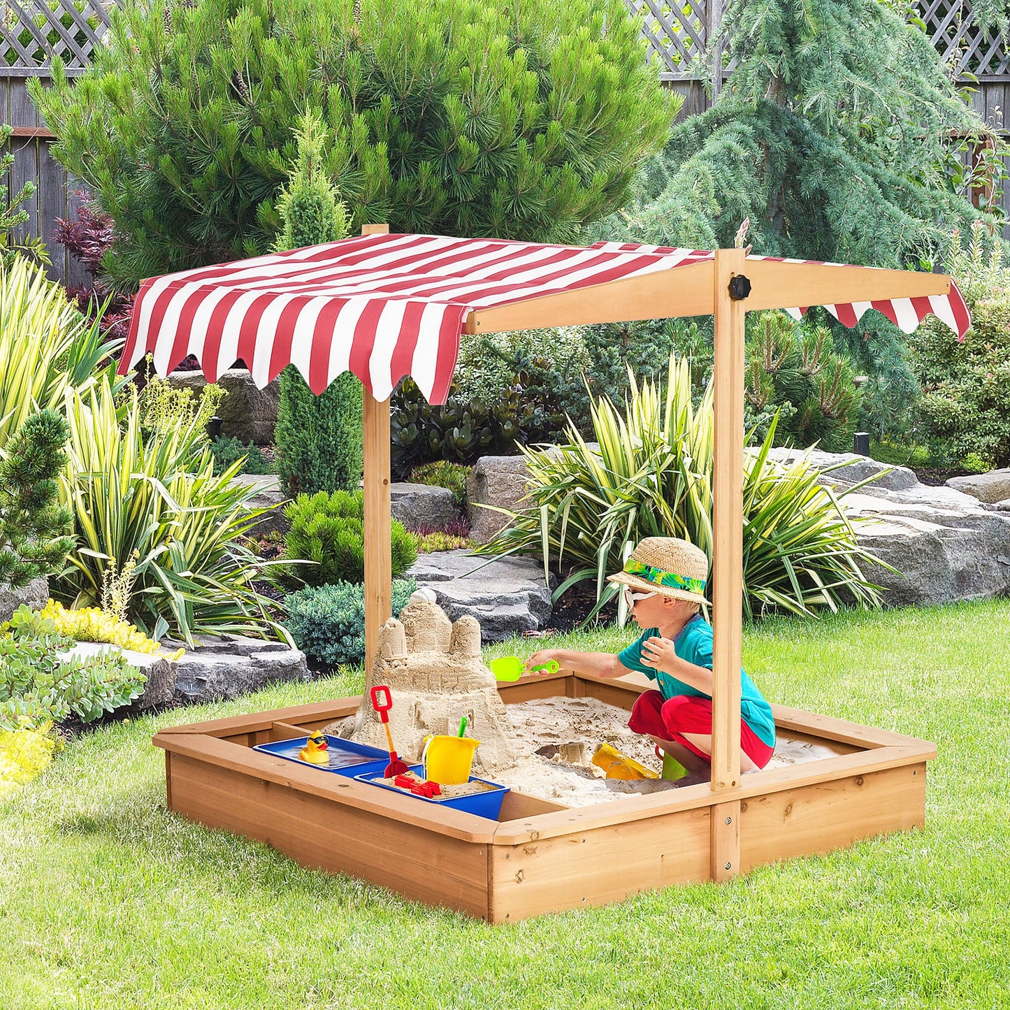 Outsunny Sandkasten Sandkiste Holz Bodenloses Design Matsch-Bereich für Kinder 3-7 Jahre Sandkasten mit Abdeckung Dach für Garten Terrasse Strand Outdoor Gelb 107,5 x 107,5 x 110 cm