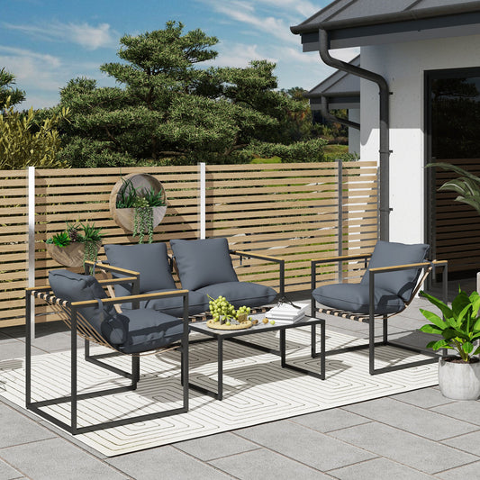 Outsunny 4-teiliges Gartenmöbelset, Outdoor-Möbel-Set, 2 Sessel, 2er Sofa, 1 Tisch, gepolstert, Stahl, Polyester, Grau