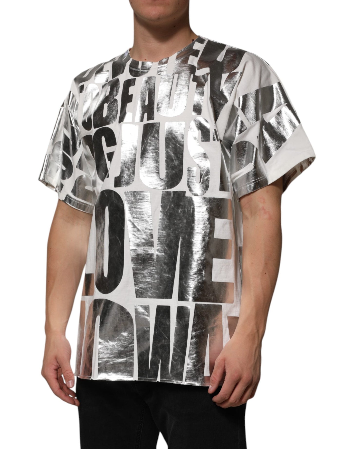 White Cotton Silver Metallic Slogan Print T-shirt