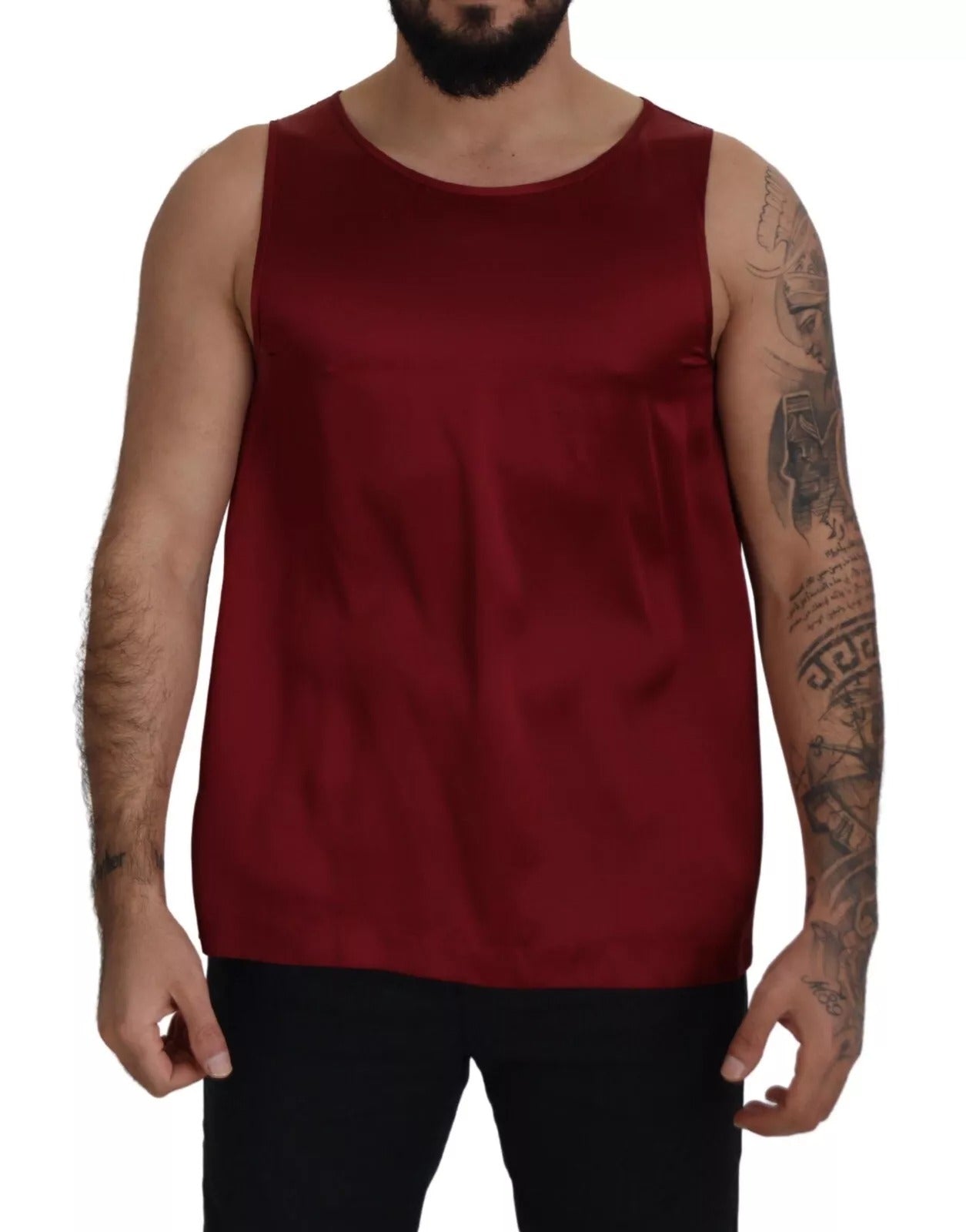 Red Round Neck Sleeveless Silk T-shirt