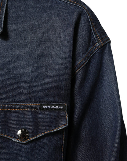 Blue Denim Button Casual Logo Patch Men Shirt