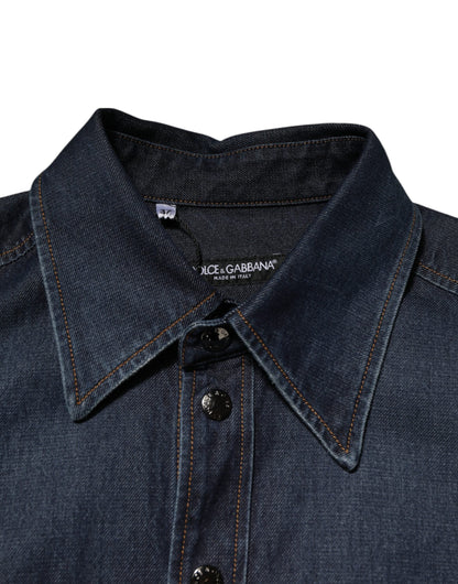 Blue Denim Button Casual Logo Patch Men Shirt