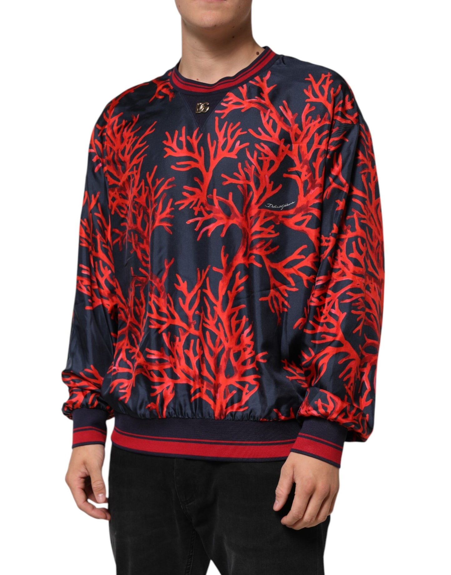 Silk Navy Red Coral Print Pullover Sweater