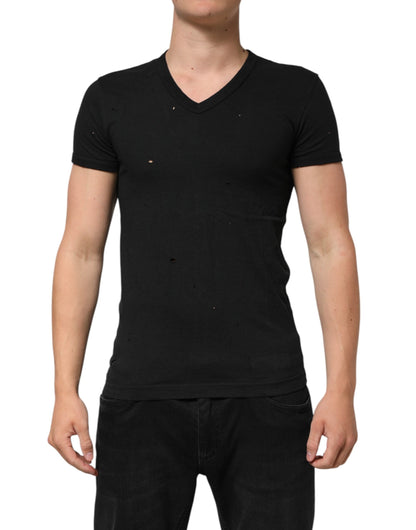 Black Cotton Tattered Logo V-Neck Men T-shirt