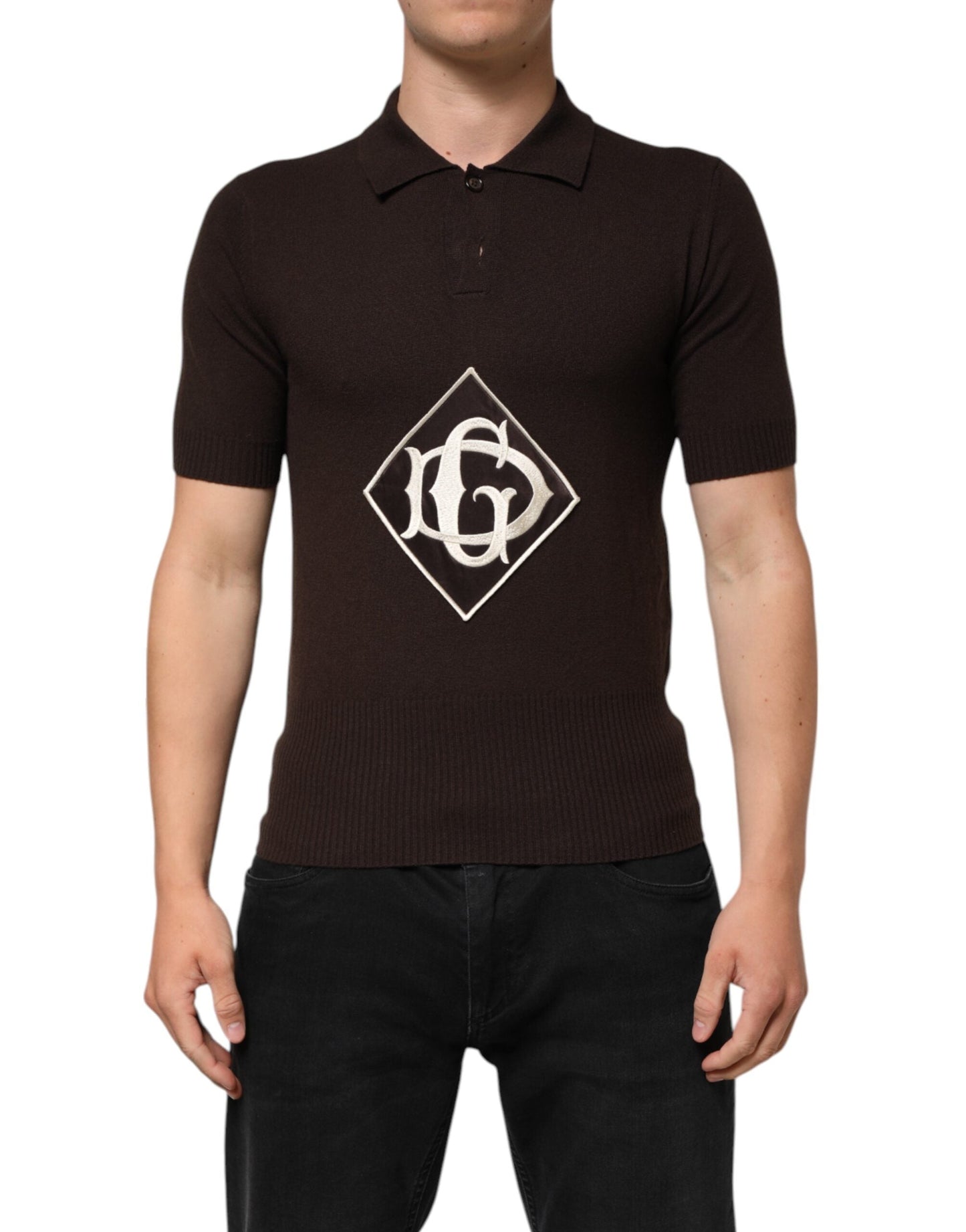 Brown Wool Logo Embroidered Men Polo T-shirt