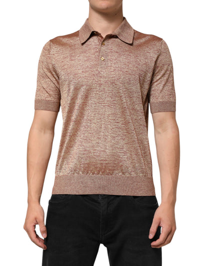 Brown Silk Textured Short Sleeve Polo T-shirt