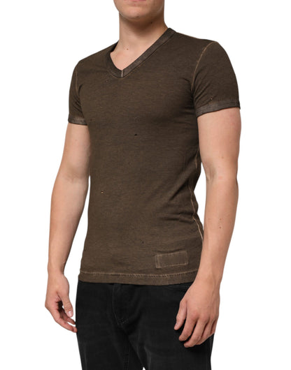 Dark Brown Cotton Tattered Logo Men T-shirt