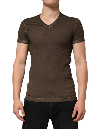 Dark Brown Cotton Tattered Logo Men T-shirt