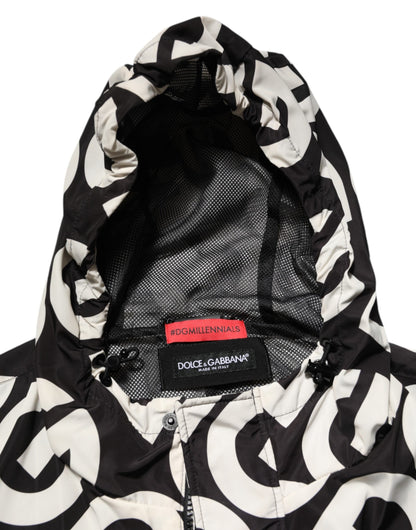 Black White Logo Print Hooded Coat Men Jacket