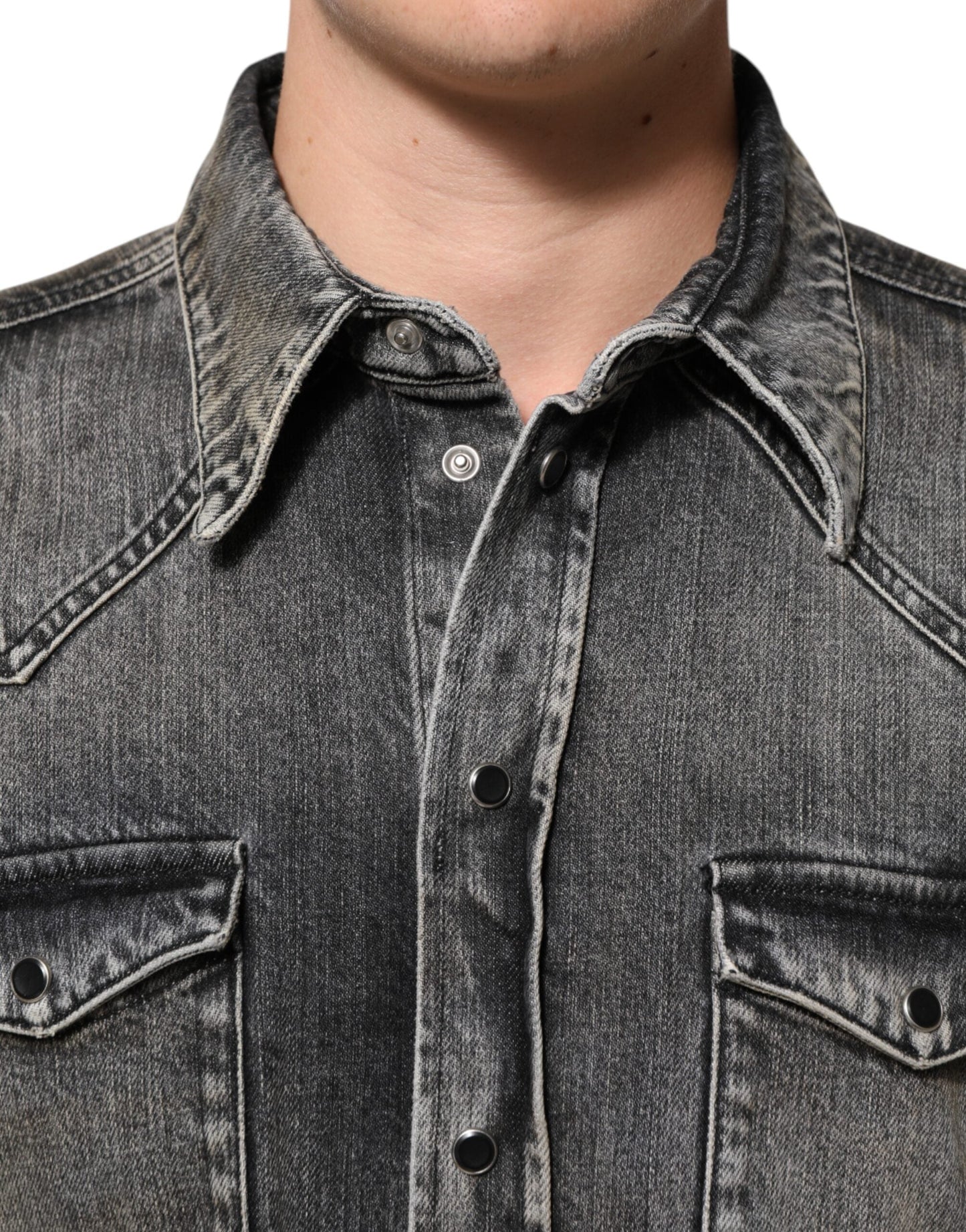 Black Washed Cotton Snap Long Sleeve Casual Shirt