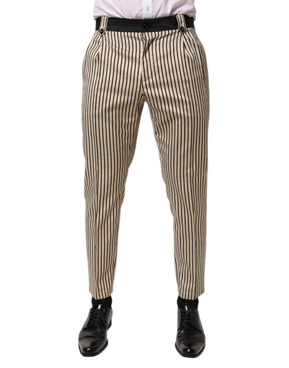 Beige Black Striped Cotton Slim Fit Trousers Pants