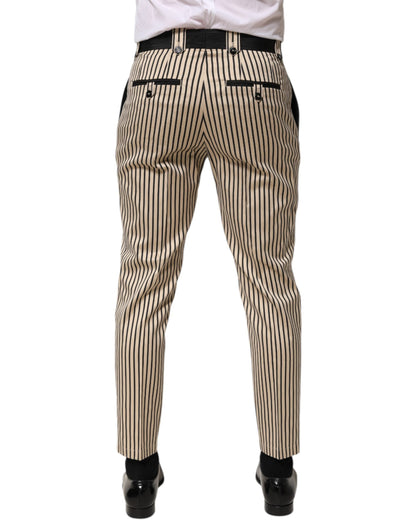 Beige Black Striped Cotton Slim Fit Trousers Pants