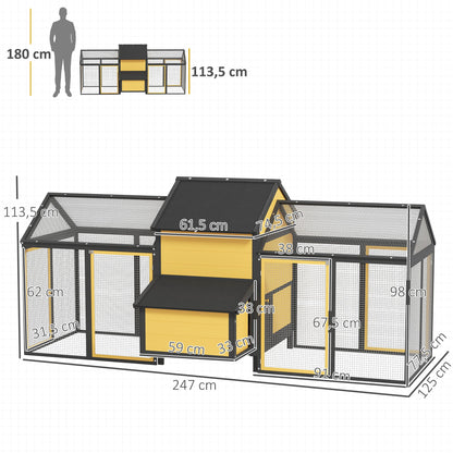 PawHut Hühnerstall Kleintierstall 2 Außengehege, 1 Nistkasten, 2 Rampen,Asphaltdach, wetterbeständig, Gelb