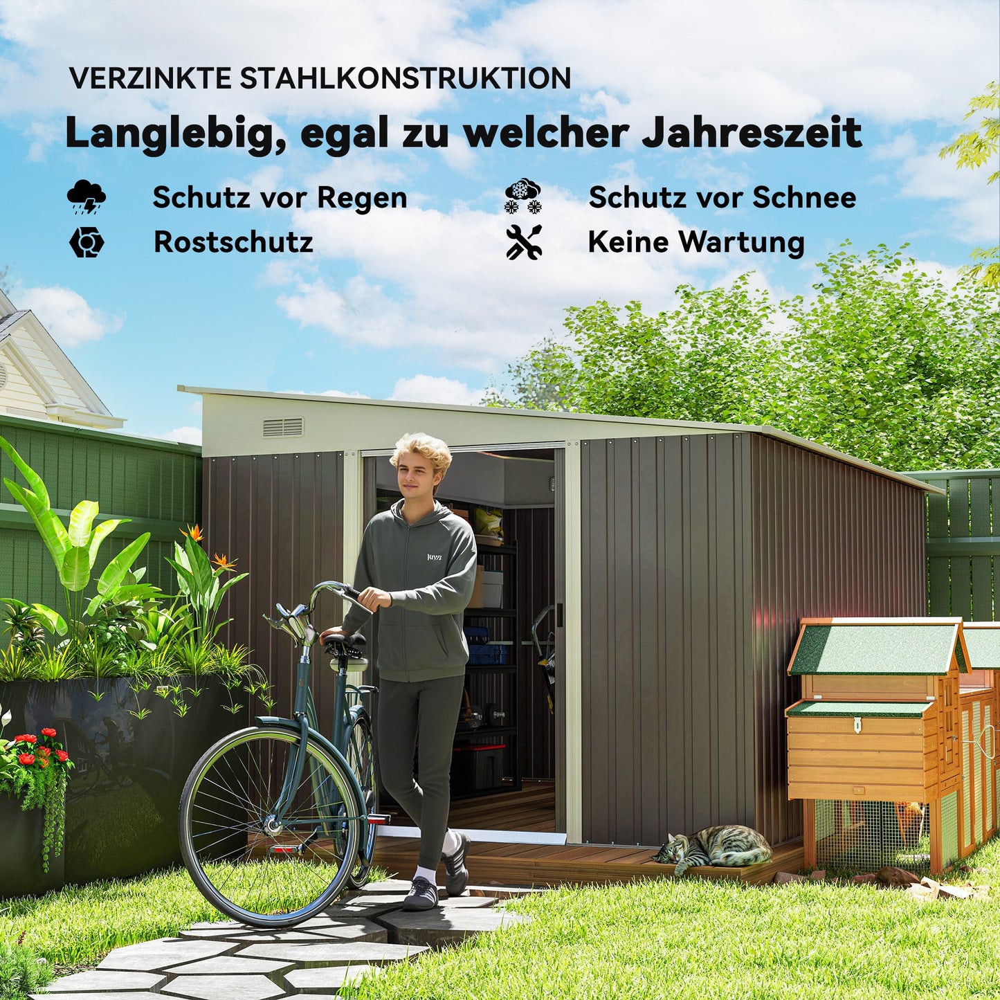 Outsunny Metall-Geräteschuppen Schrägdach verriegelbare Doppeltür 2,8 x 3,45 x 2,01m Grau