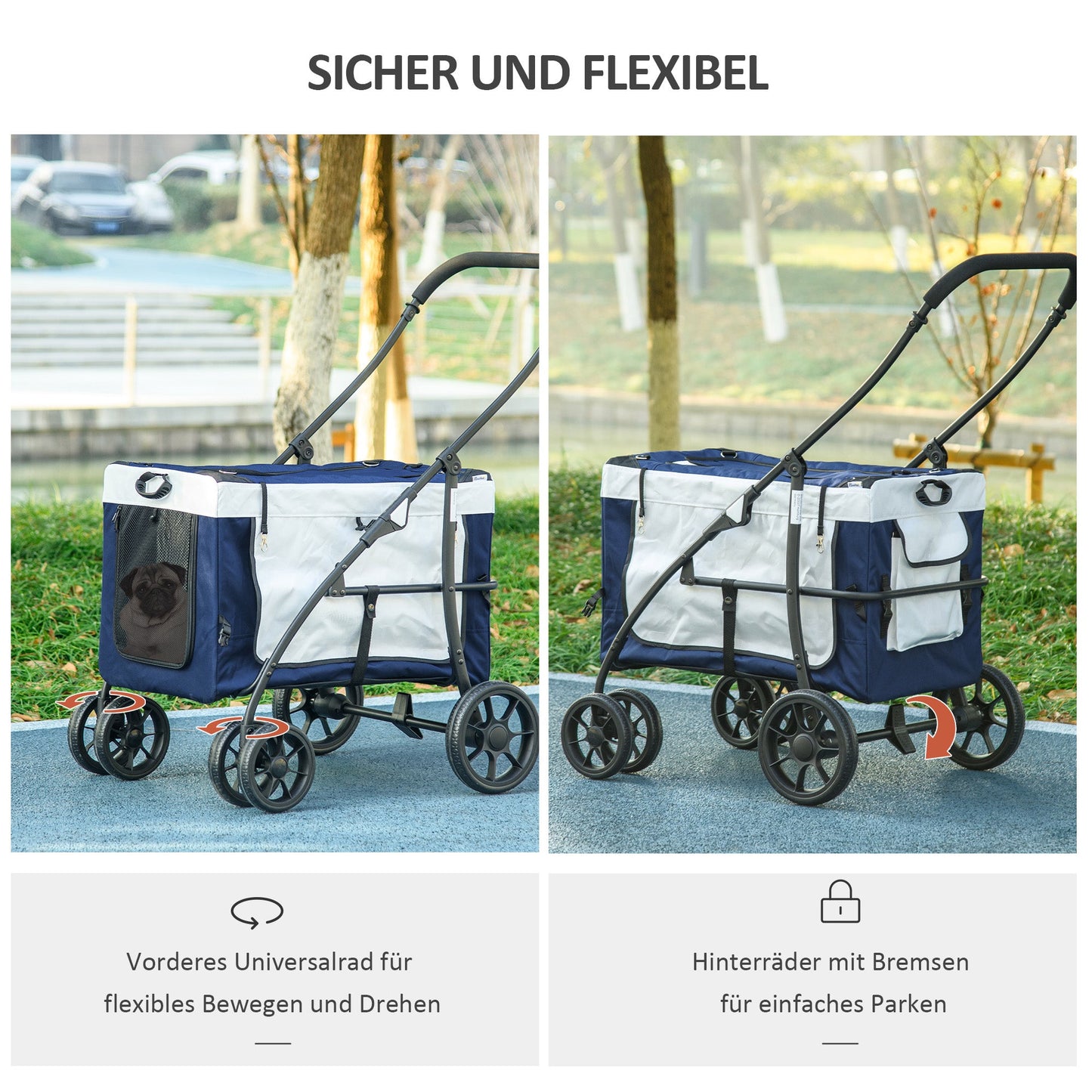 PawHut Hundbuggy Haustierbuggy Haustiertransporter bis 10kg klappbar verstellbare Trageriemen abnehmbarer Korb 81 x 58 x 97,5 cm Schwarz + Blau + Weiß