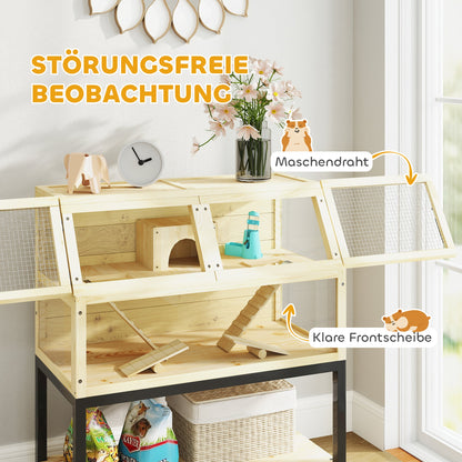 PawHut Zwerghamsterkäfig aus Holz mit Ablagefach, Rädern, Rampen, Wasserflasche, Hütte, Wippen, 87 x 43 x 101cm