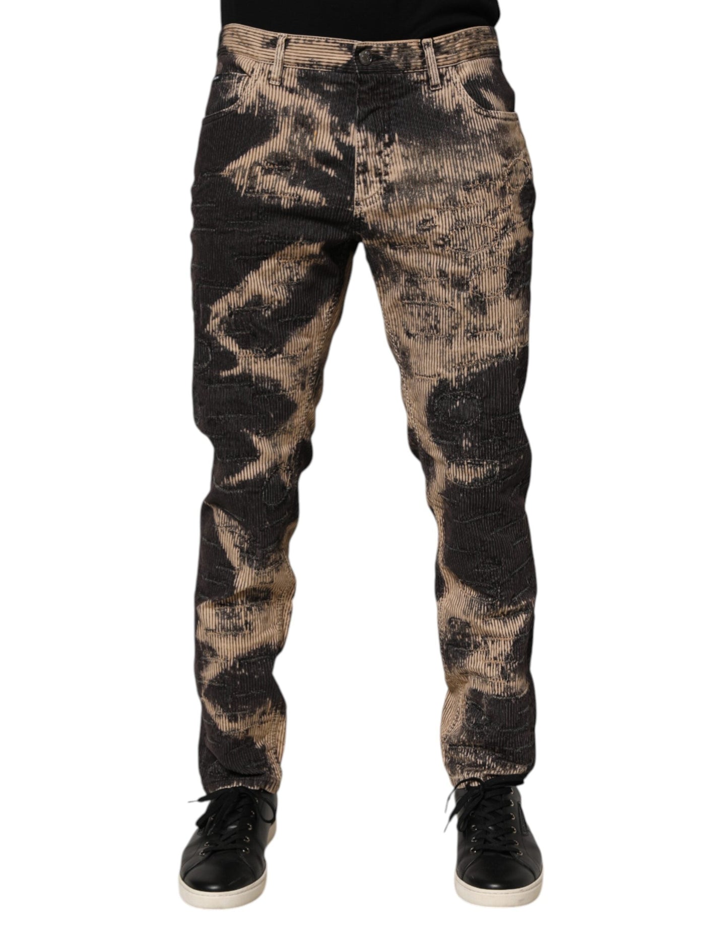 Beige Black Corduroy Tie-Dye Cotton Blend Pants