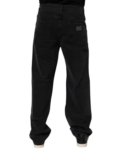 Black Cotton Logo Men Mid Waist Denim Jeans