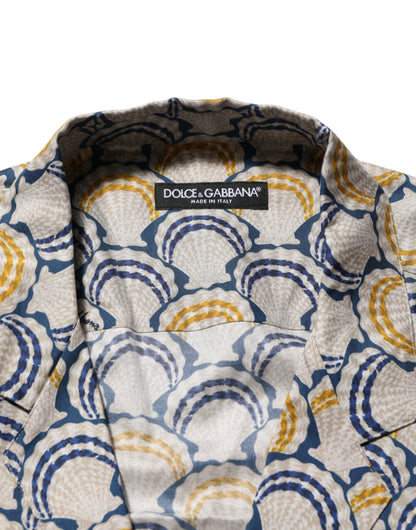 Cream Cotton Silk Hawaii Scallop Shell Print Shirt