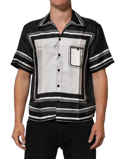 Black White StripeDot Print Casual Polo Shirt