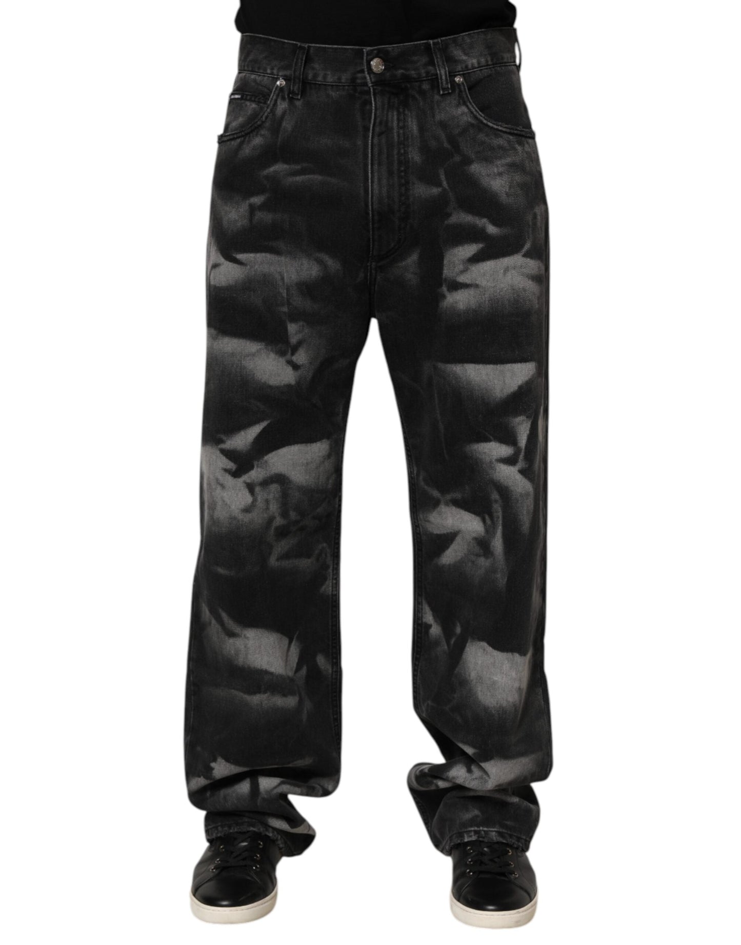 Black Marbled Effect Straight Men Denim Jeans