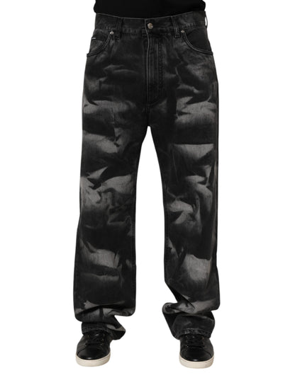 Black Marbled Effect Straight Men Denim Jeans