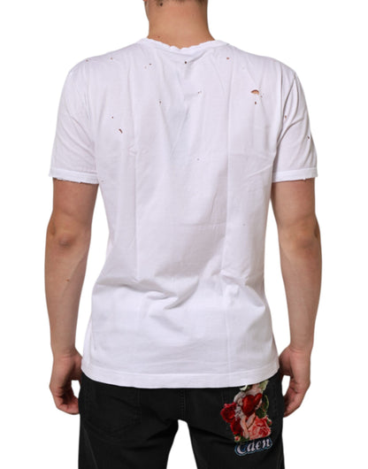 White Distressed Cotton V Neck Men T-shirt