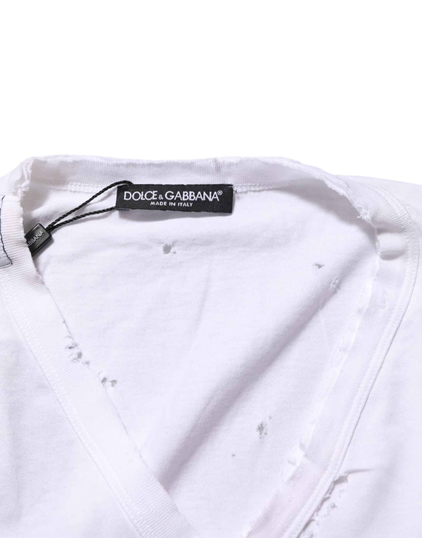 White Distressed Cotton V Neck Men T-shirt