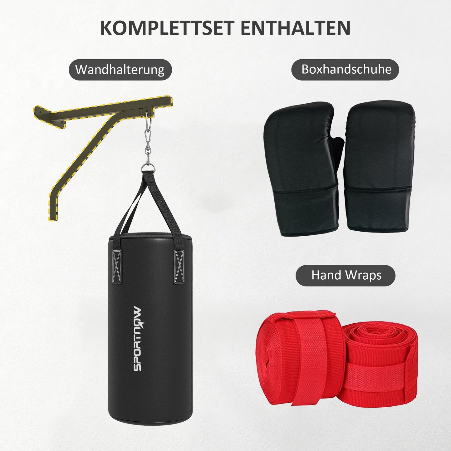 SPORTNOW Boxsack, befüllbar, mit Wandhalterung, Handschuhen und Bandagen, bis 45 kg, Schwarz