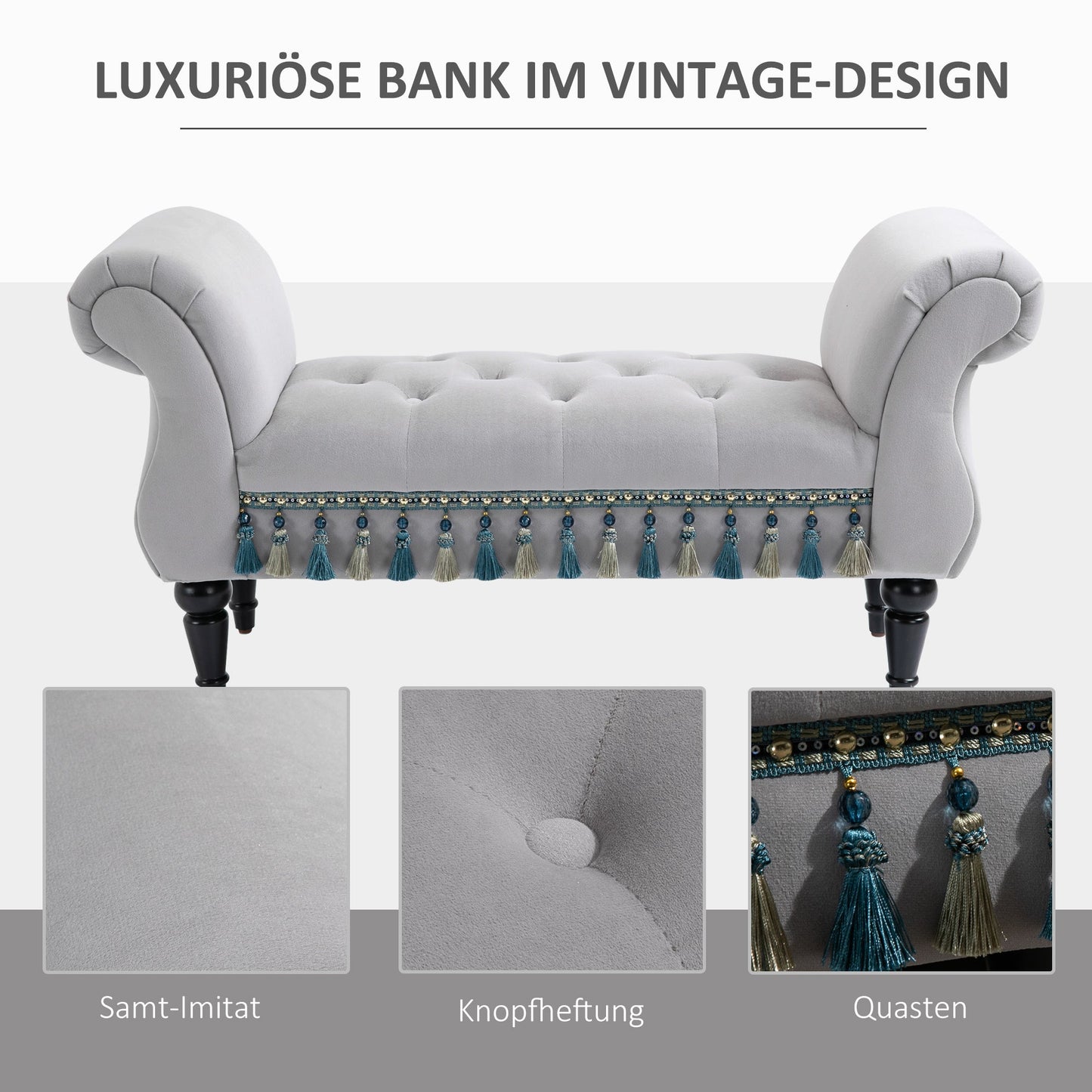 HOMCOM Sitzbank Polsterbank mit Samt-Bezug, Armlehne Bettbank mit Holzrahmen, Schuhbank für Schlafzimmer, Wohnzimmer, Flur 117 x 40 x 58 cm Hellgrau