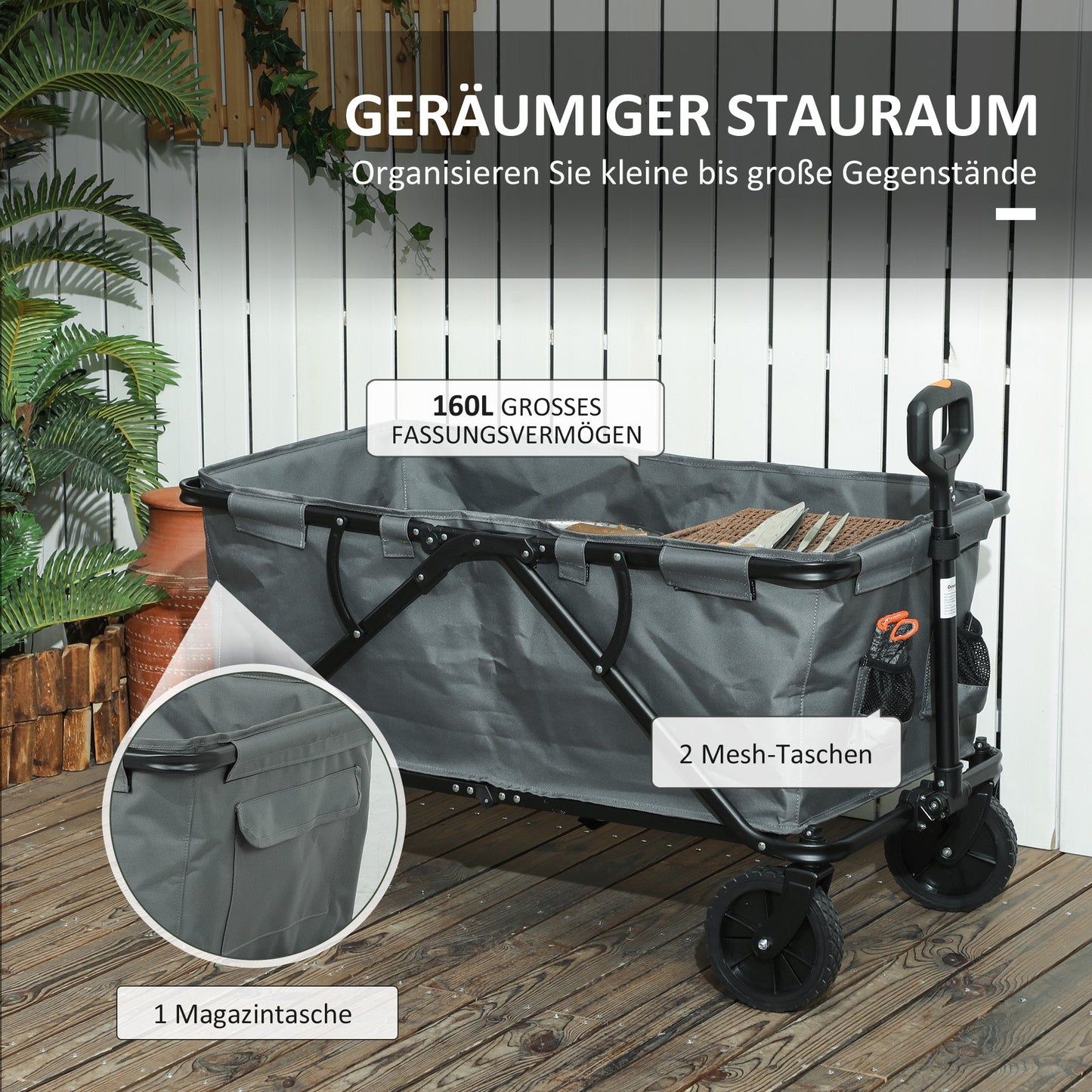 Outsunny Gartenwagen 120 kg belastbar, klappbar Transportwagen mit herausnehmbare Plane 160 Liter Dunkelgrau
