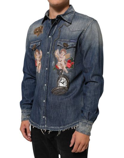 Blue Angel Patch Denim Buttoned Down Men Shirt