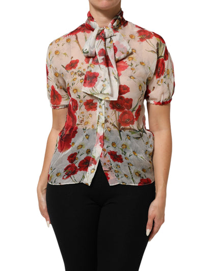 White Floral Tie-Neck Poppy Print Blouse Top