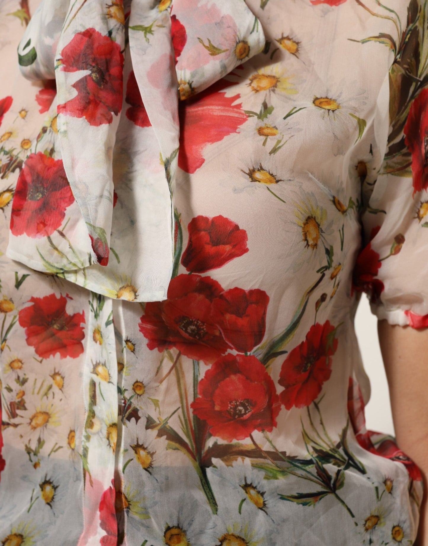 White Floral Tie-Neck Poppy Print Blouse Top