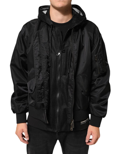 Black Nylon Hooded Full Zip Bomber Men Jacket