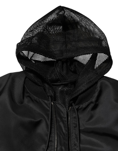 Black Nylon Hooded Full Zip Bomber Men Jacket