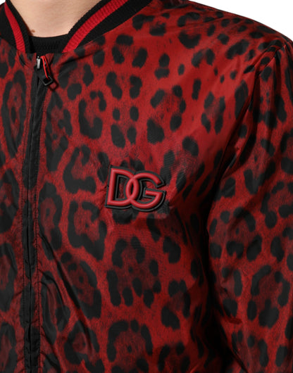 Red Leopard Print Full Zip Bomber Men Jacket