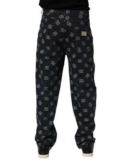 Blue Logo Print Straight Denim Men Jeans