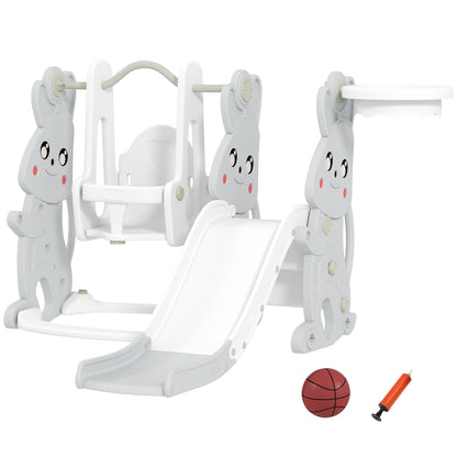 AIYAPLAY 4-in-1 Spielset für Kleinkinder, Rutsche, Schaukel, Klettergerüst, Basketballkorb, Kunststoff, Hasendesign, Grau