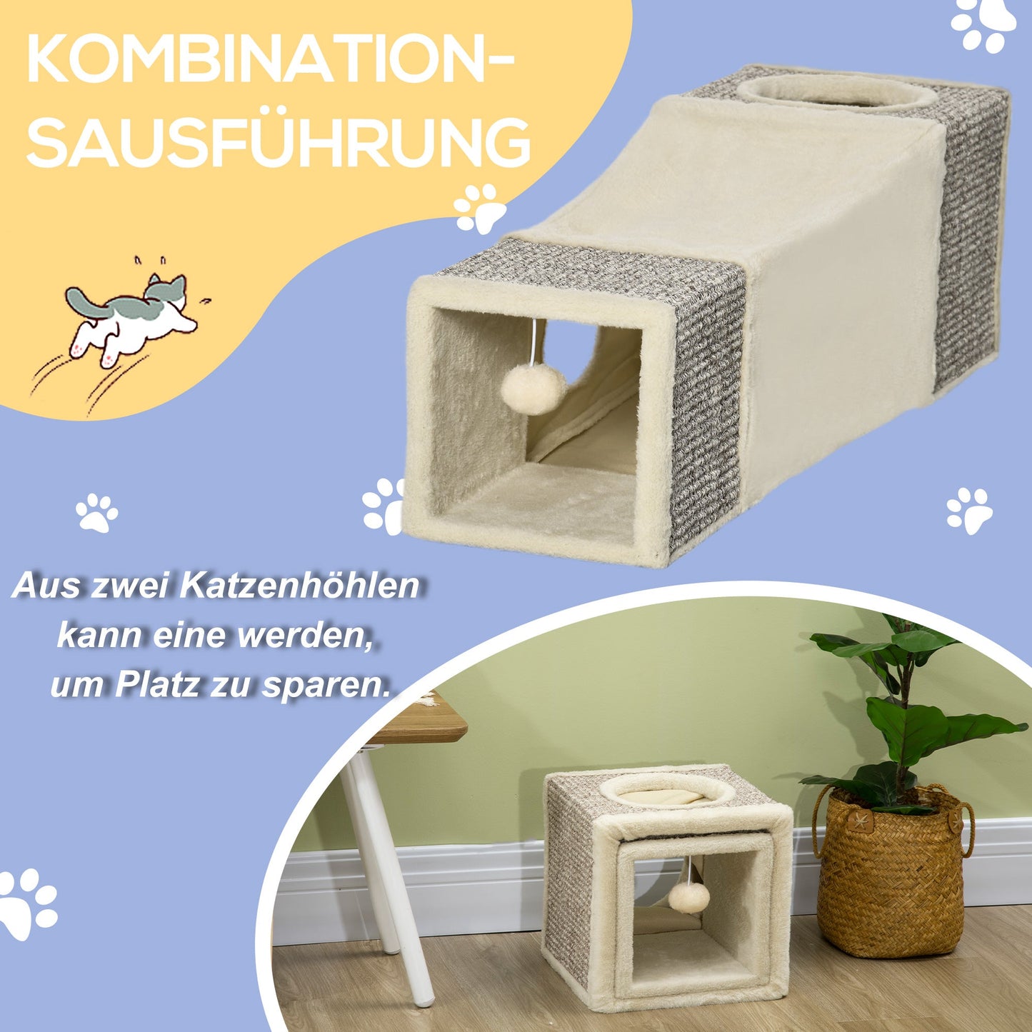 PawHut Katzentunnel, 2 Katzenhöhlen, Kratzflächen und Ballspielzeug, 98 cm x 30 cm x 30 cm, Braun + Beige