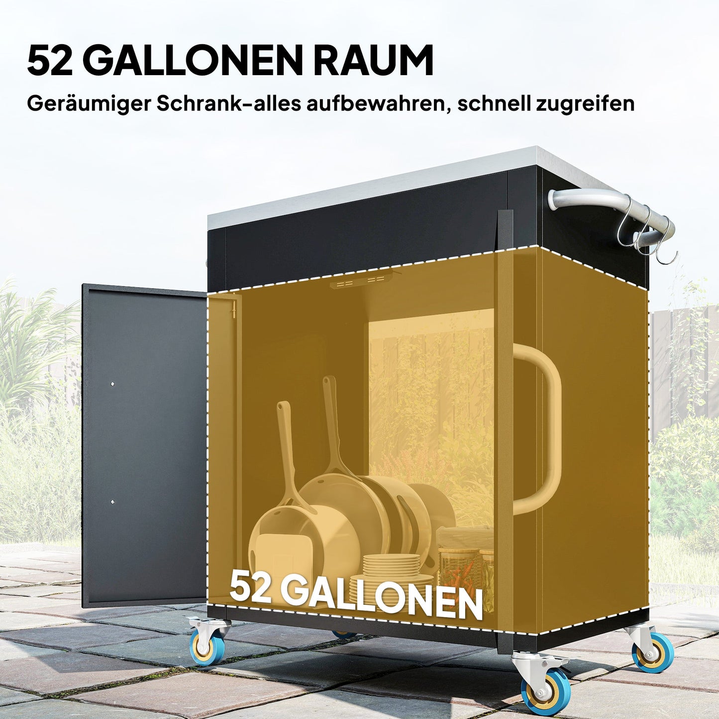 HOMCOM Küchenwagen mit Rollen, Servierwagen, Rollwagen mit Schrank, Haken und Edelstahlgriffe, Küchenhilfe, BBQ Grilltisch aus Edelstahl Küchentrolley, 86 x 50 x 86,5 cm Schwarz